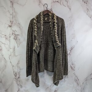 BKE Sweater Women Large Brown Wool Cardigan Tunic Open Front Boho Feather Fringe
